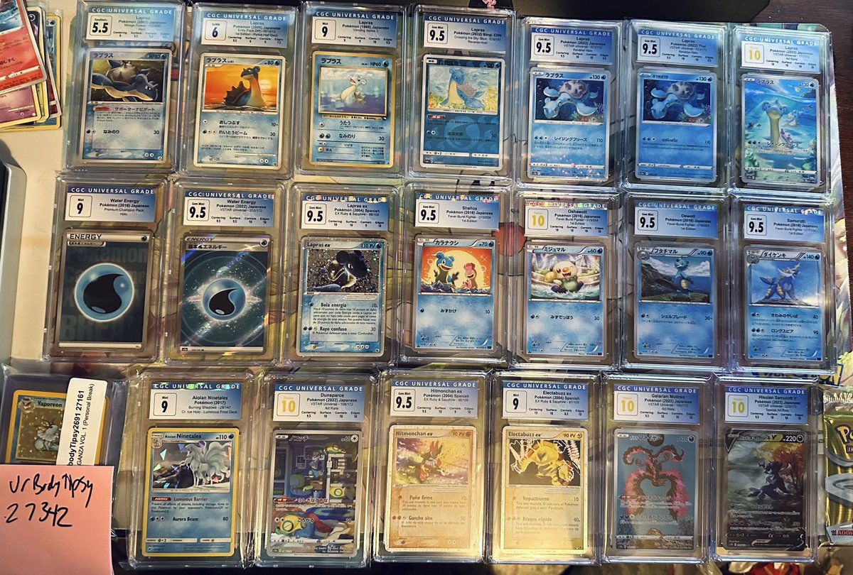 UrbodyTipsy2691's tweet image. My largest &amp;amp; most insane CGC return. I was shocked to get 2 perfects!!! It’s so beautiful to see it all in one photo! The sea of blue! I’m roughly at 130 slabs total now. Which one of is your fav?
@cgccards #CGC #CGCCards #pokemon #PokemonTCG #graded #slabs #water #thewayofwater