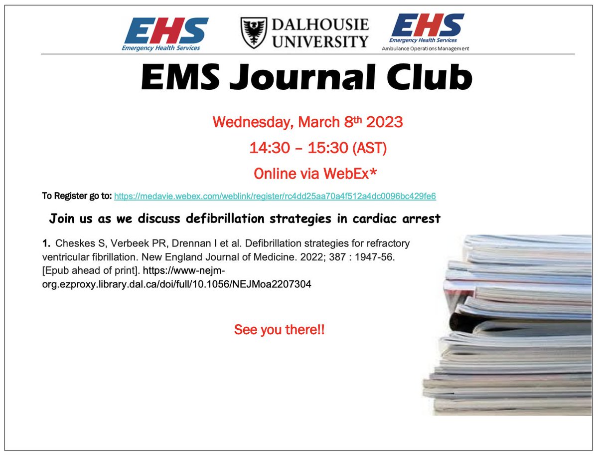 DALDivEMS's tweet photo. We are electrified⚡️ with excitement to be hosting a virtual Journal Club on the ⚡️DOSE VF Trial, Defibrillation strategies for refractory ventricular fibrillation⚡️, with invited lead author Dr. Sheldon Cheskes! 
All are welcome, register for free here: https://t.co/7CbngsWzdd https://t.co/3MIBhI9881