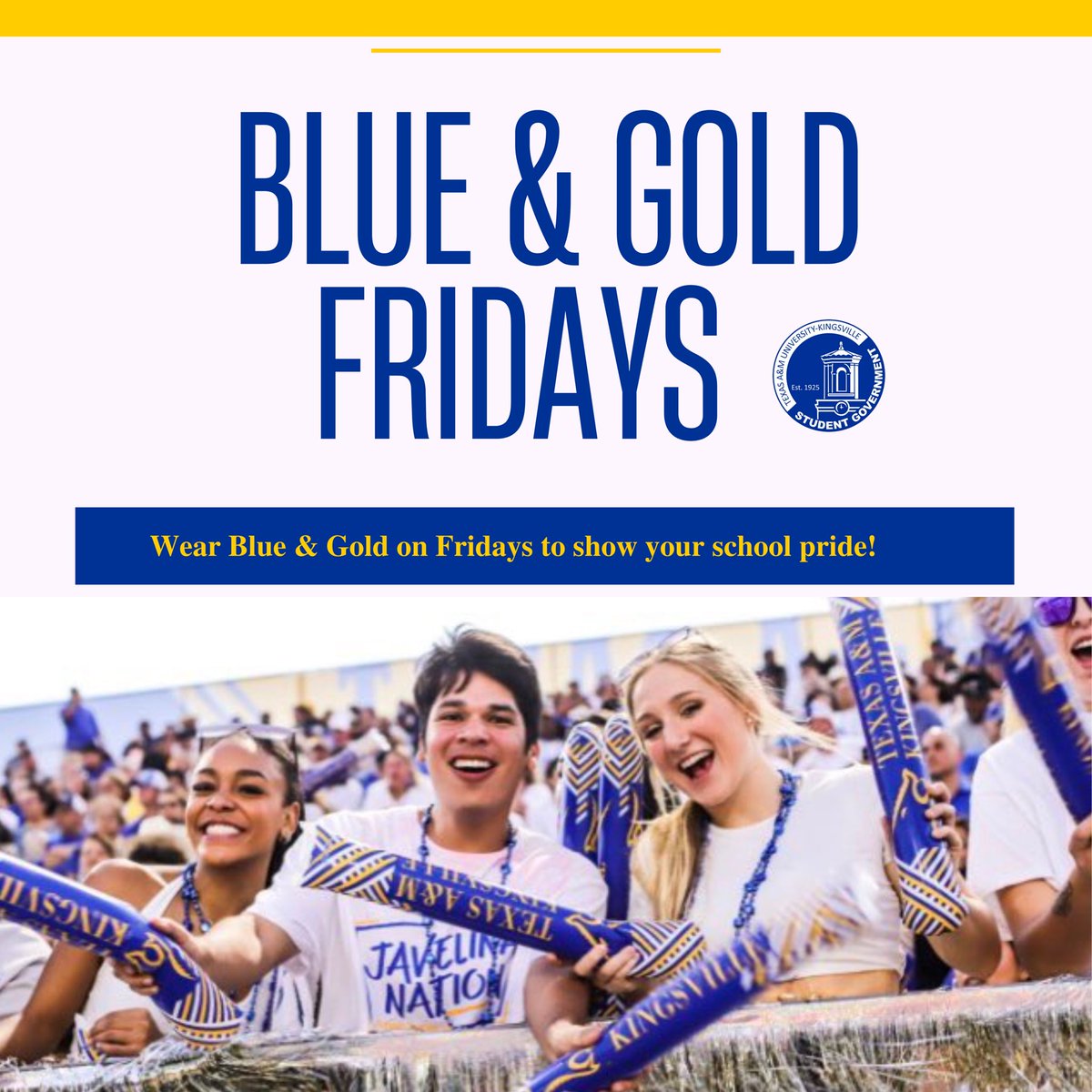 Hey Javelinas! SGA encourages you to show your school pride and wear blue and gold on Fridays. 🐗🔵🟡

#tamuksga #blueandgoldfridays