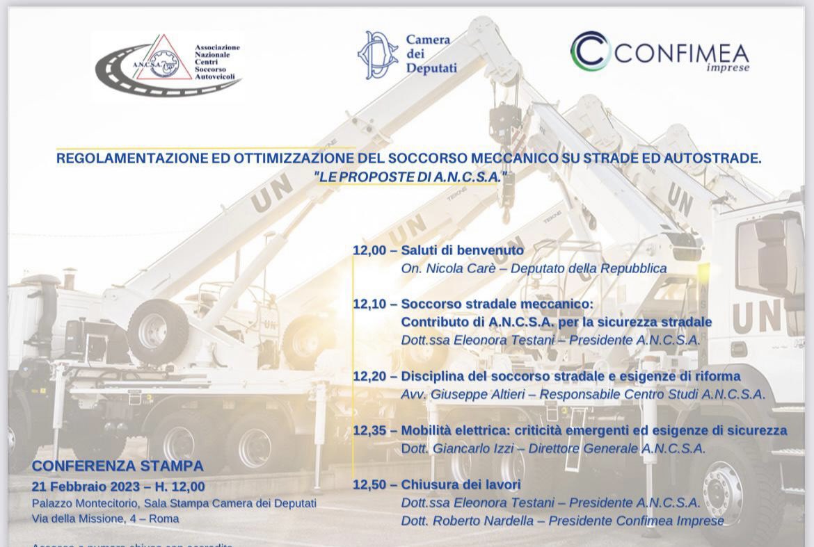 ConfimeaImprese's tweet photo. REGOLAMENTAZIONE ED OTTIMIZZAZIONE DEL SOCCORSO MECCANICO SU STRADE ED AUTOSTRADE.
"LE PROPOSTE DI A.N.C.S.A.”
Potrai seguire la conferenza stampa in diretta sulla Web Tv della Camera dei Deputati #lavoro #soccorsostradale #ancsa #confimea https://t.co/ZIQFFDFb9m