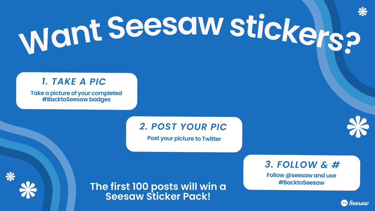 Seesaw's tweet photo. Is it time to decorate your laptop? Add some flare to your water bottle? Let us send you some Seesaw stickers!

Share a picture of your completed #BacktoSeesaw badges (grab them here ➡️ https://t.co/2OQbeRTgS0) &amp; follow us.

The first 100 to post will get some Seesaw Stickers! https://t.co/ZF5WBtjjCm