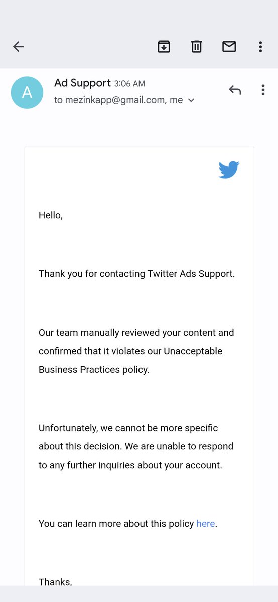 trnvalecha's tweet photo. How to get @TwitterSupport to clarify on why my app with 500000 users  violates the policy.

@elonmusk any help? We were planning to use Twitter ads as trial.

Our app official account already has 17000 followers on IG and were looking to grow on Twitter

@TwitterCreators https://t.co/CCBJ0gsc1L