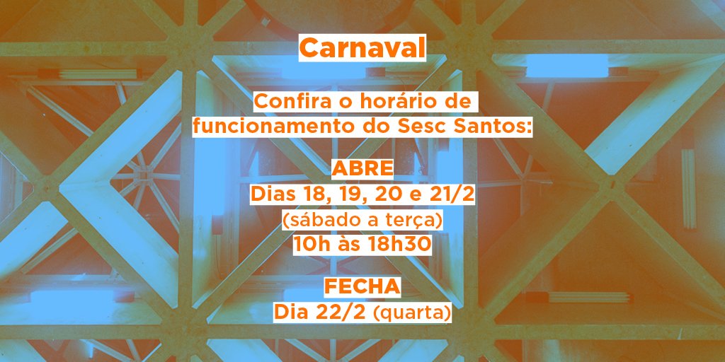 sescsantos's tweet photo. Abre alas pro horário de funcionamento durante o Carnaval! 

Dias 18, 19, 20 e 21/02 (sábado a terça)
✅ Funcionamento das 10h às 18h30

Dia 22/02 (quarta)
❎ Unidade fechada

Consulte a programação das Folias Imaginárias em https://t.co/h90OMHHhBS

#carnaval #sescsantos https://t.co/kLMlmaklco