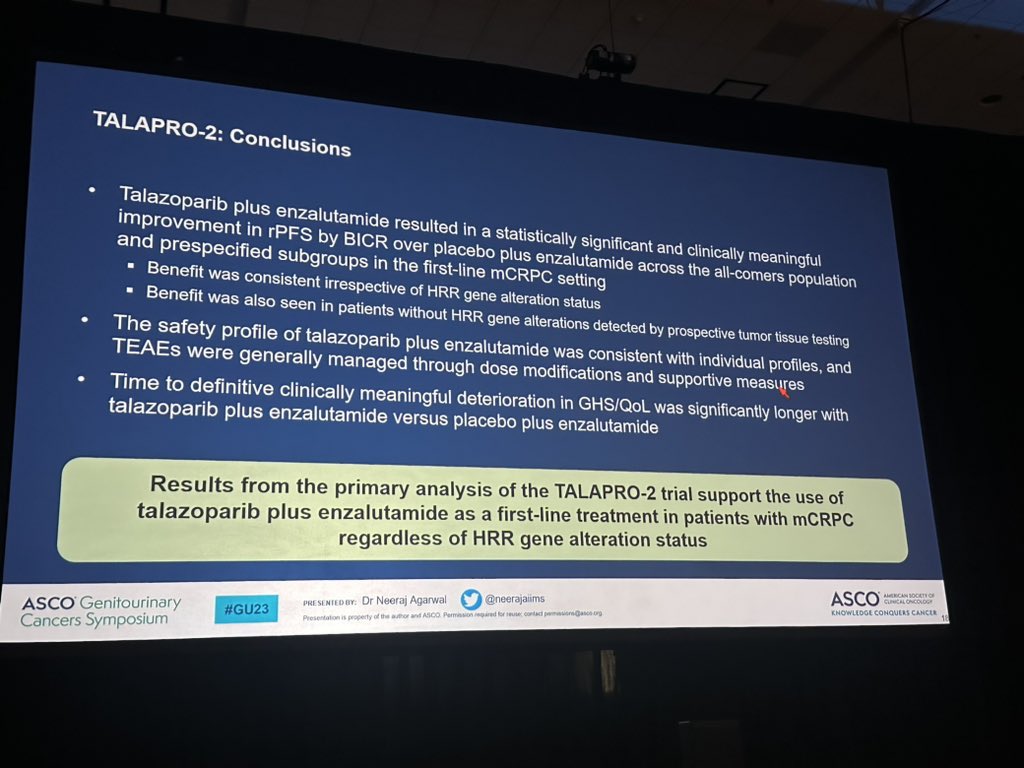 Excited to be in San Francisco for GU ASCO 2023! Fantastic start, with TRITON3 and TALAPRO-2 showing promise for incorporating PARP inhibition in earlier lines of therapy for prostate cancer but no OS benefit shown yet, pending further maturation. #GU23 @ASCO @MCIStrong
