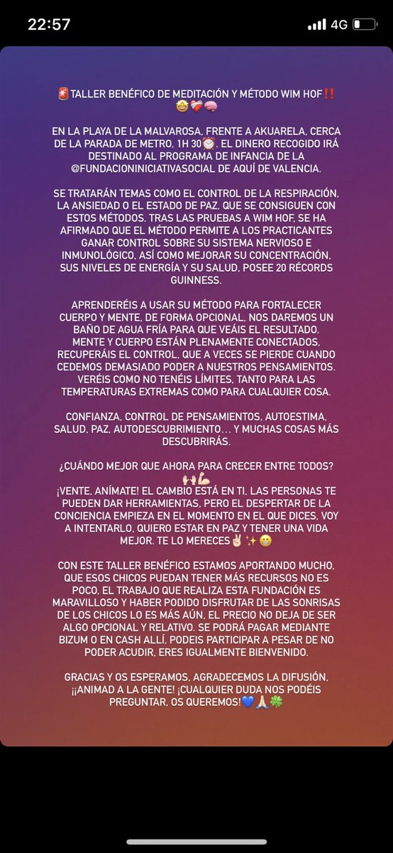 DiarioDeMarmi's tweet photo. 🚨Taller BENÉFICO de meditación y método Wim Hof en #VALENCIA ‼️🤩❤️🩹🧠
Se agradece difusión 🙏🏻💙
#Meditación #wimhof #taller #mindfulness #benefico https://t.co/aGfMrlJS7p