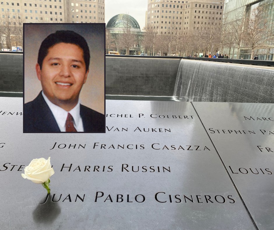 Born in Guatemala, Juan Cisneros moved to the U.S. as a child. On 9/11, a bond trader at Cantor Fitzgerald, Juan was at work high in the North Tower. He was 23 years old. Today we placed a white rose at his name on the #911Memorial to mark his 46th birthday.