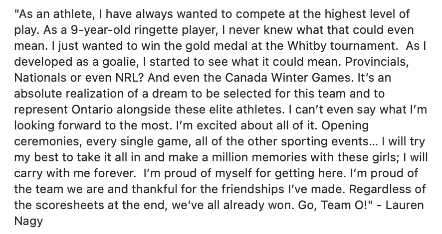RingetteOntario's tweet photo. What it means to be going to @2023CanadaGames &amp; being on Team O for Lauren Nagy. 

#WeAreRingette | #RingetteON | #TeamO | #PlayerQuote | ##2023CanadaGames | #CWG2023 | #JDC2023 https://t.co/wVeyIXdBNw