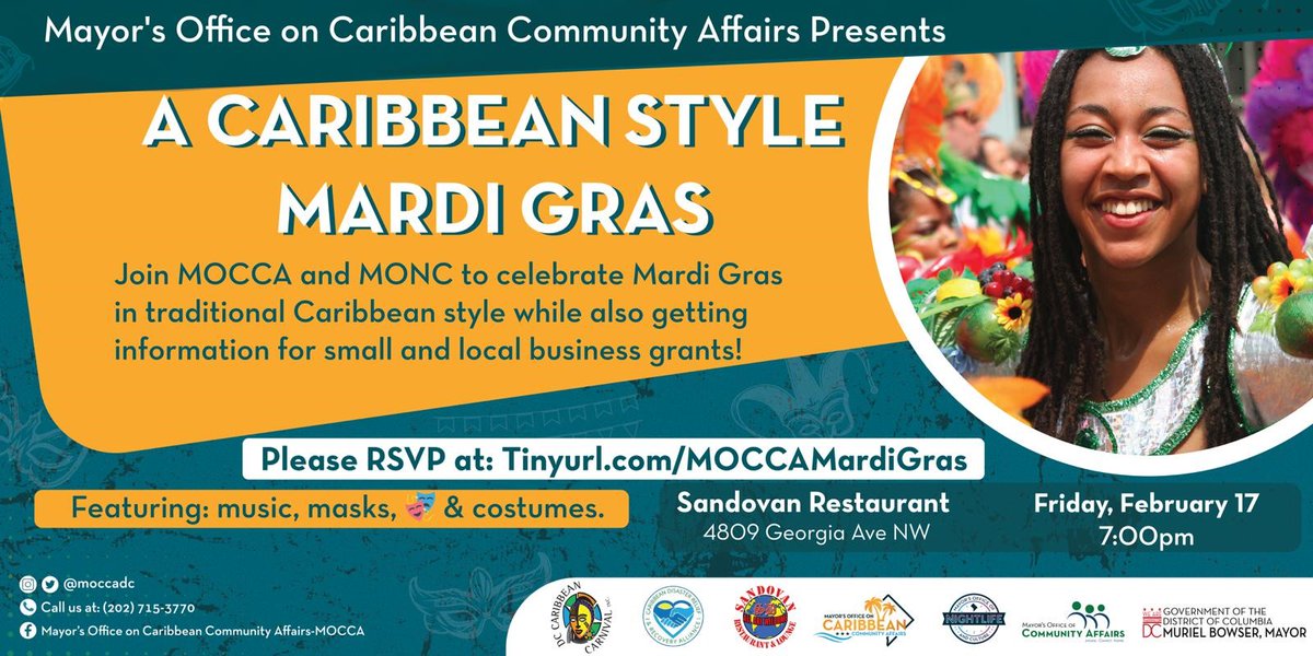 Caribbean Style Mardi Gras
Please join MOCCA and MONC to celebrate Mardi Gras in traditional Caribbean style. Get information for small and local business grants!
tinyurl.com/moccamardigras
🏴󠁵󠁳󠁤󠁣󠁿
#BusinessGrants  #DCCaribbeanCommunity #DCMOCCA #MardiGras #NationsCapital #WDC
