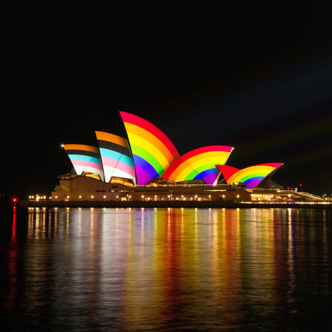 Happy WorldPride from Sydney! 🏳️‍🌈🌈 🏳️‍⚧️ Tonight the sails will be shining with the Progress Pride flag in celebration of @SydWorldPride. Catch our glow up from 8:30pm - 1am on Fri 17th Feb. #SydneyWorldPride #RainbowCity 📸 by Phillip Glanz; Design by Marie Schultz