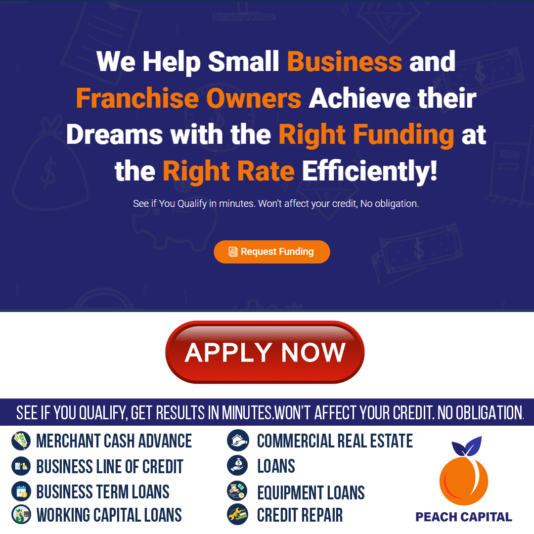 At Peach Capital, we're passionate about helping small businesses and franchise owners achieve their dreams by providing them with the capital they need to start, grow, expand, and scale.

#SmallBusinessFinancing #FranchiseFunding #GrowYourBusiness