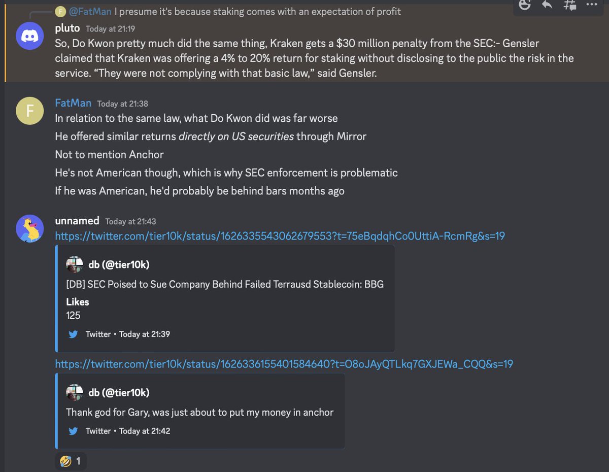 Amusing coincidence today: was talking about Do Kwon violating securities laws on Discord and this happens exactly one minute later