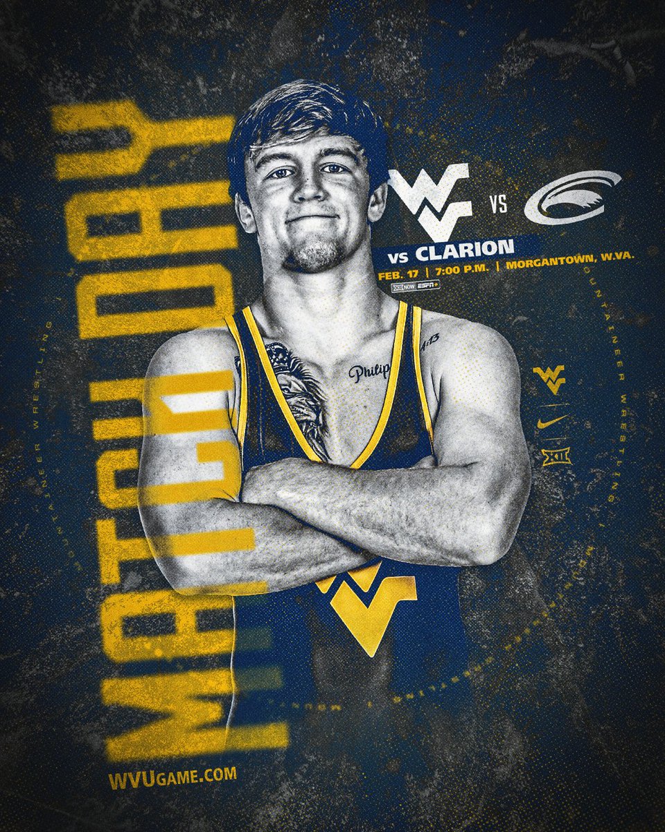 WVUWrestling's tweet image. ⛰️ FINAL HOME DUAL ⛰️

🆚 Clarion
📍 Morgantown, WV
⏰ 7 p.m. ET
🏟️ WVU Coliseum
📺 Big 12 Now on ESPN+
📊 Trackwrestling
🙌 Senior Night
💲1⃣ Tickets and select concessions 
🔑 First 200 fans receive a KEY tag 
🔗 wvusports.co/3GvBiDK
🎟️ wvusports.co/3BPXEd5 

👊 #HailWV