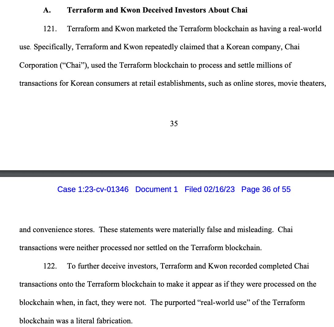 This filing from the SEC wholly corroborates the insider's testimony about Do Kwon faking Chai transaction volume to garner investments into LUNA under fraudulent pretenses. Anchor and the entire Terra ecosystem was founded on a big lie.