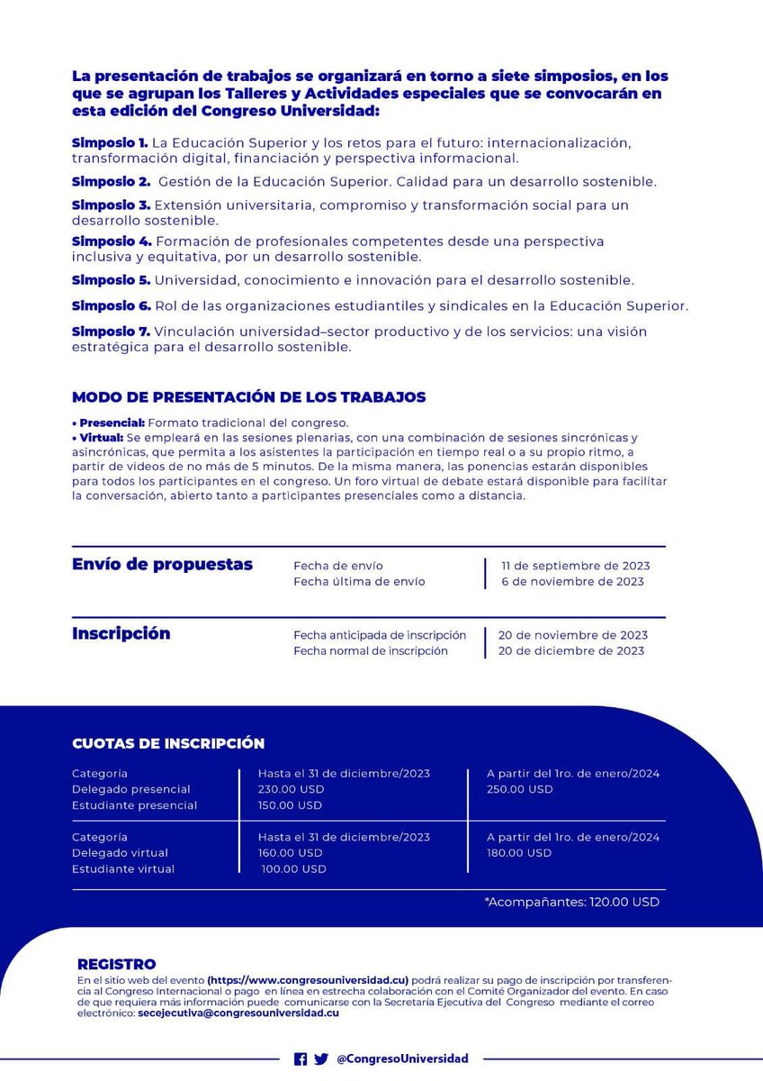 📣Convocatoria a la 14ta edición del Congreso Internacional "Universidad 2024", del 5 al 9 de febrero en el <a href="/palacio_cuba/">Palacio de Convenciones de La Habana, Cuba</a>. 

Un encuentro para reflexionar sobre el papel de la Educación Superior en la transformación social, calidad, pertinencia y sostenibilidad.

📷<a href="/CongresoUniv/">Congreso Universidad</a>