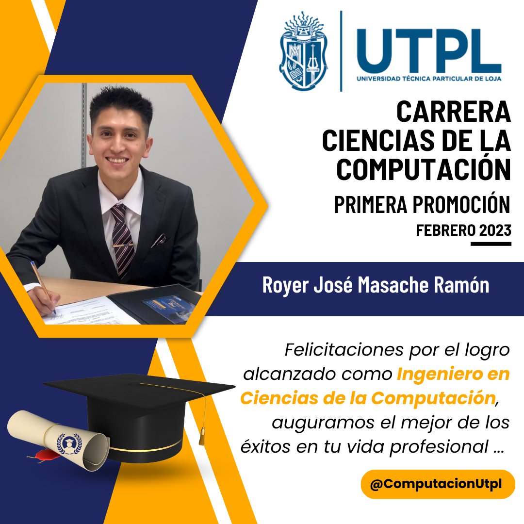 ComputacionUtpl's tweet photo. 🎓🎓🎓 Felicitaciones a Royer José Masache Ramón, hoy realizó la defensa de su Trabajo de Integración Curricular de la Primera Promoción de la Carrera de Ciencias de la Computación; previo a la obtención de su título de Ingeniería. Enhorabuena https://t.co/rfuMG17Cil