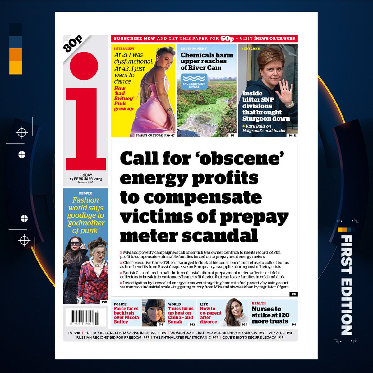 Friday's i - Call for 'obscene' energy profits to compensate victims of prepay meter scandal.

<a href="/theipaper/">The i Paper</a> | #TomorrowsPapersToday | #FrontPages