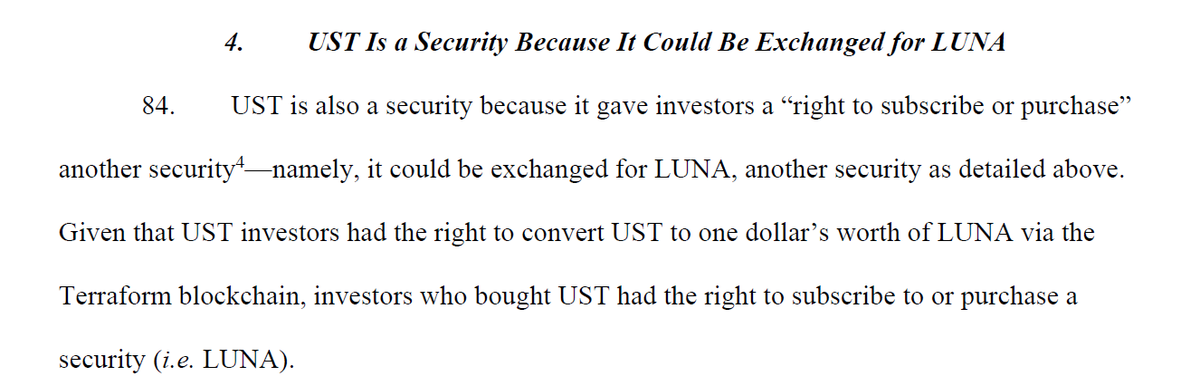 for UST, the SEC also provides an alternative, non-Howey-based argument, that UST are "rights to subscribe" to a security (LUNA) and thus are themselves securities--again, this is an "enumerated security" type of argument (like the one for wLUNA) that does not rely on the Howey