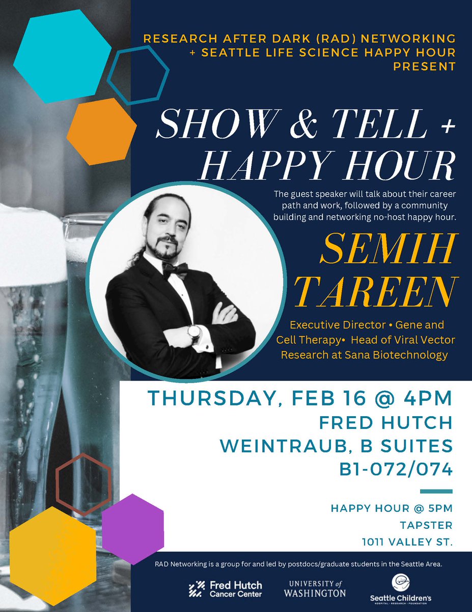 Just a reminder to all Seattle based life sciences graduate students and post-docs, RAD networking is hosting "Career Show and Tell" tonight 
<a href="/fredhutch/">Fred Hutch Cancer Center</a> with Dr. Semih Tareen (<a href="/virusfantom/">Semih Tareen</a>) followed by happy hour at Tapster.