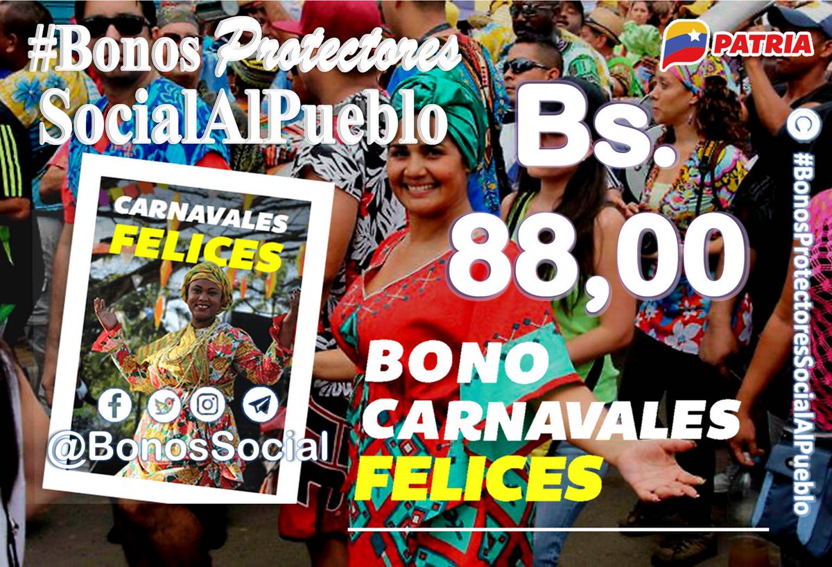 🖥️ Continúa la entrega del #BonoCarnavalesFelices a través del Sistema <a href="/CarnetDLaPatria/">Carnet de la patria</a> enviado por nuestro Pdte. <a href="/NicolasMaduro/">Nicolás Maduro</a>.

📌 Monto en Bs. 88,00

Llega de manera directa sin escaneo.

<a href="/BonosSocial/">Bonos Protectores Social Al Pueblo</a> 
#CarnavalesFelices2023