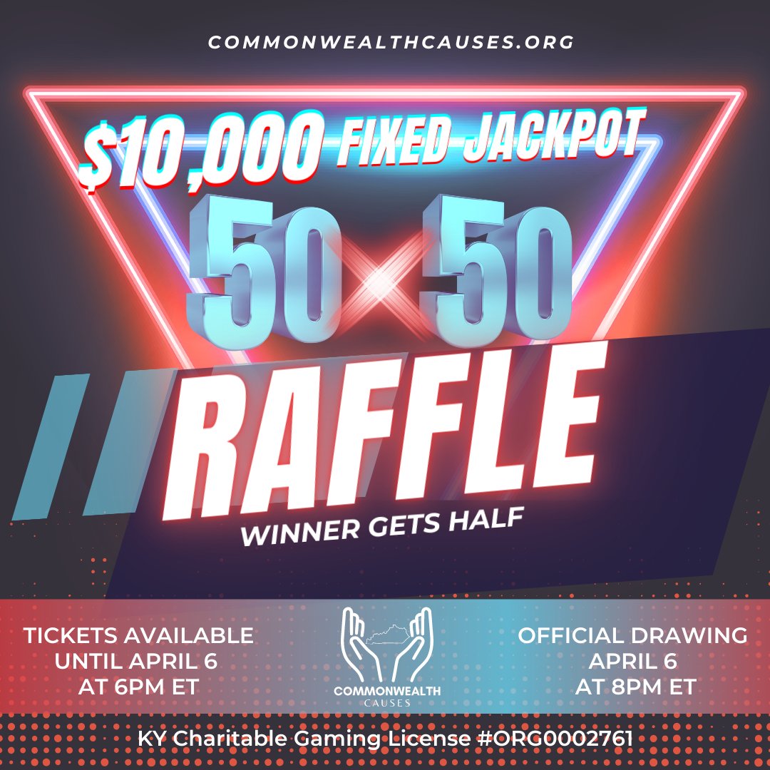 Our $10,000 jackpot 50/50 raffle is back! Only 1000 tickets are being sold and the winner takes half the pot! Ticket sales end on April 6th at 6pm ET. Visit commonwealthcauses.org/product/fixed-… to purchase yours today! #BBN #NIL #FiftyFifty #kycauses #raffle #commonwealthcauses #raffles