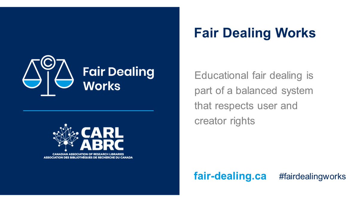 Copyright should work for users and creators. A balanced approach supports an inclusive and innovative Canada. #FairDealingWorks

Visit fair-dealing.ca and join the campaign to protect fair dealing for education. #FairDealingWeek