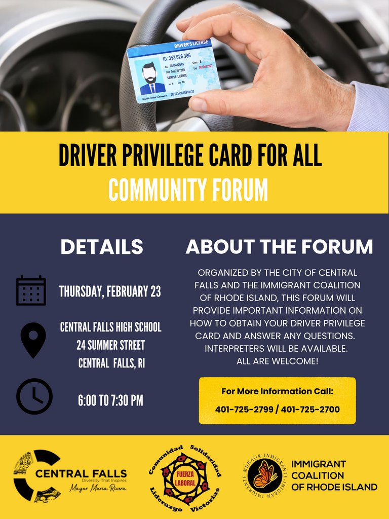 RIinterfaithCo's tweet photo. THUR. 2/23 — learn more about your rights &amp; how to obtain a DRIVER PRIVILEGE CARD. Last year in June, legislation was passed allowing undocumented RI'ers to obtain driving privilege cards — a historic and important policy victory!

Learn more @ImmigrantRI https://t.co/YnLfZNb4tt