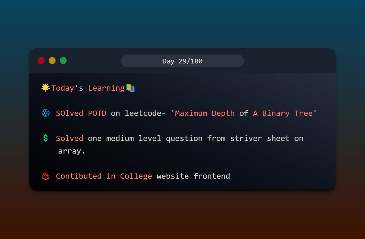 AnupeshVerma's tweet photo. Day 29/100
Solved two questions on leetcode and some contributions to the development of the college website.

#leetcode #POTDleetcode #webdevelopment #webdesign #tailwind #backend #django #websites #css #html #postcss #swag #coding  #programming https://t.co/FRY9unAKr0