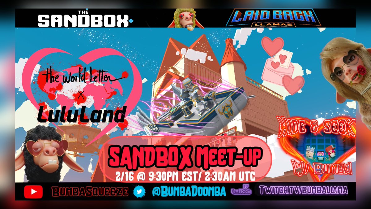 BumbaDoomba's tweet photo. 🌐SANDBOX Meet-up🌐
Round 2 inside @LuluLand_World tonight @ 9:30 pm EST
Everyone is invited.
Earn GRA$$ just for attending.
Watch event live on Discord & Twitter 👀
See you soon!
#SandFam #SandFun https://t.co/63onw9Fwq8