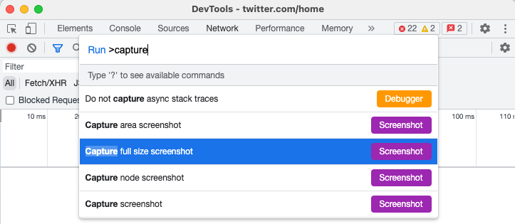 🤯TIL you can take a full page screenshot 📸 in Chrome with just the developer tools 🛠️

No extension needed 🚫

Open dev tools > Run command (⌘ + Shift + P) > Type in 'capture' > Select 'Capture full size screenshot'
