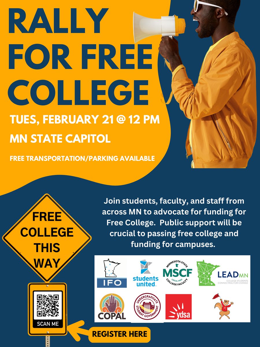 OmarFatehMN's tweet photo. As the chairs of Higher Education in the House and Senate, Chair @GenePelowski and I have heard countless stories about the struggles students face and the challenges in our MN college system. We concluded that it is time for Free College—NOW! Please come out this Tuesday! https://t.co/YPI6Np1v6M