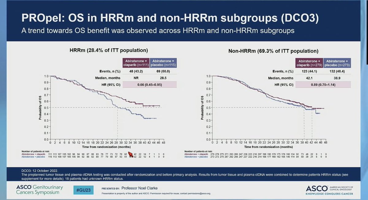 Updated survival data from #olaparib and #abiraterone in #mCRPC #ProstateCancer is presented as positive @asco #GU23 despite CI =/>1.0

The data in the non-mutated patients remains an issue, especially given toxicity of #Parp inhibition