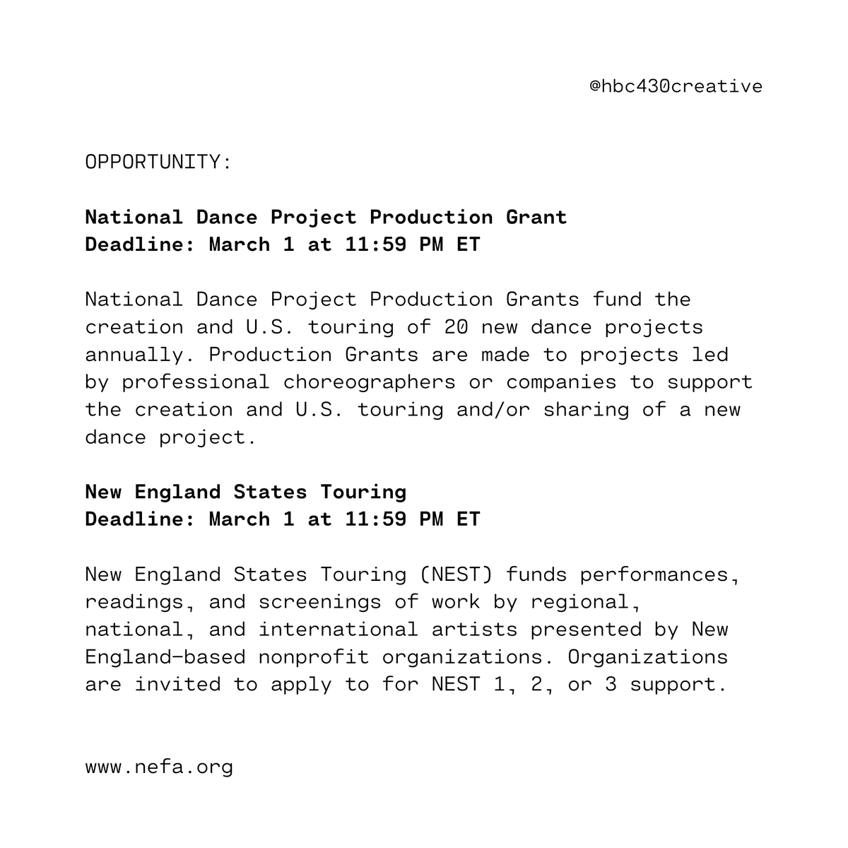 HBC430Creative's tweet photo. OPPORTUNITY: 

National Dance Project Production Grant 
Deadline: March 1 at 11:59 PM ET

New England States Touring 
Deadline: March 1 at 11:59 PM ET

https://t.co/ES2tTmuVaB

#hbc430 #blackartists #blackcreatives https://t.co/ysRxzztwqT