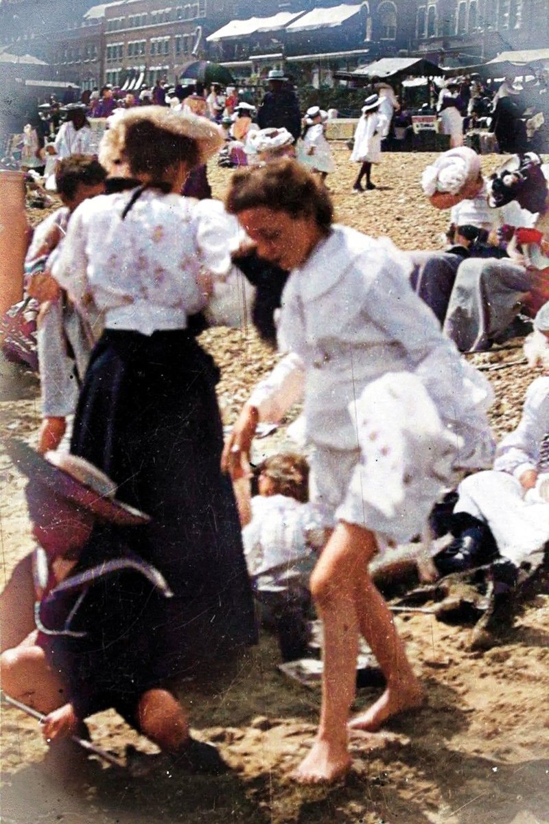 Holiday-makers enjoy the beach at Weymouth, c1906-08. #weymouth #weymouthbeach #englishsummer #sunbathıng #colourised