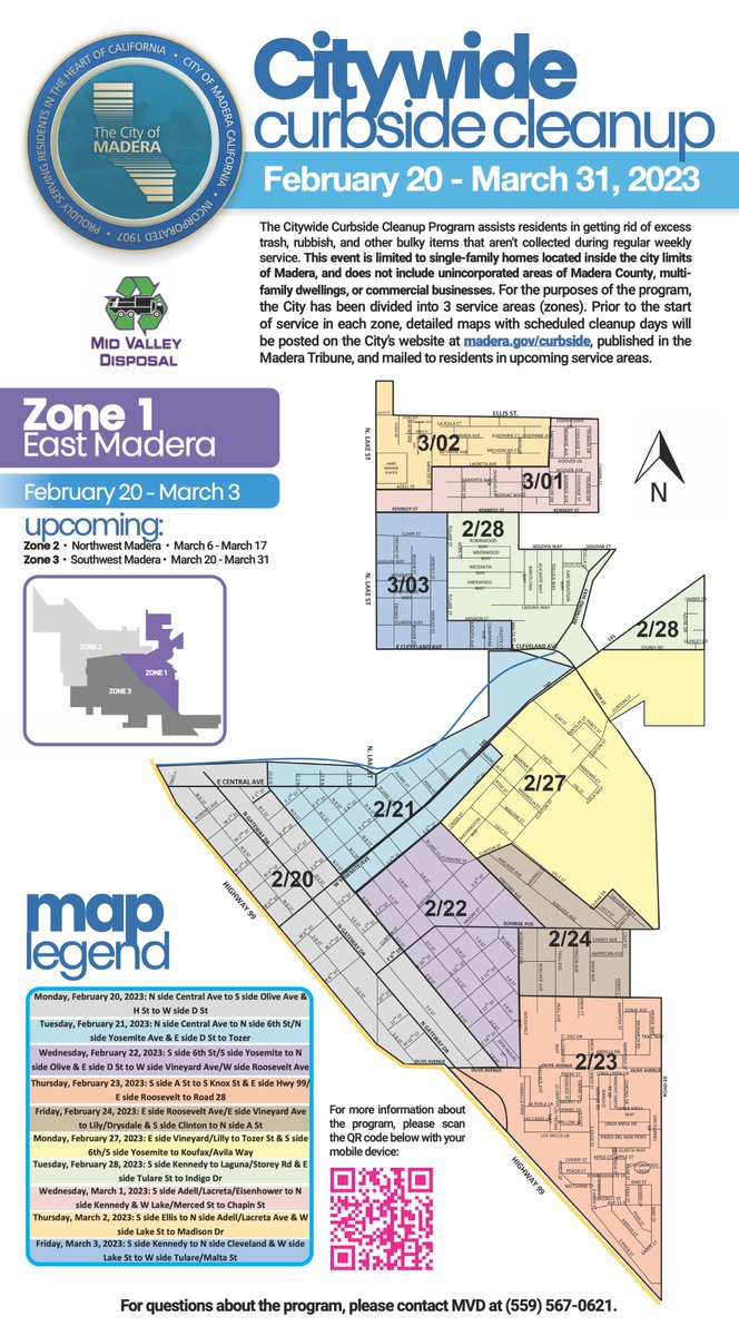 CityofMadera's tweet photo. 🚛🗑️Madera residents! Get ready for the annual curbside cleanup program starting Feb 20, 2023 in Zone 1. This event is for single-family homes in Madera city limits only. Visit https://t.co/OvCkkKjwdx for more information. #CurbsideCleanup ♻️💚l https://t.co/BWJvDaqSbd