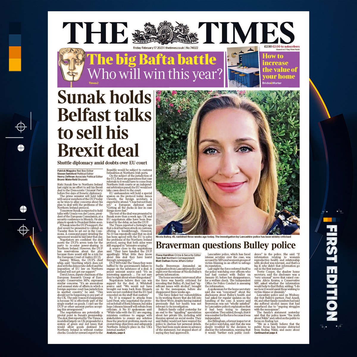 Friday's The Times - Sunak holds Belfast talks to sell his Brexit deal. @thetimes | #TomorrowsPapersToday | #FrontPages