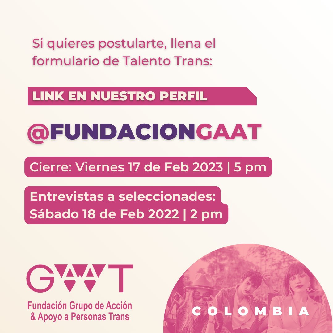 FundacionGAAT's tweet photo. 💜TALENTO TRANS💜
👉Trabaja con nosotres 💜 vacantes en:
💼Coordinación Jurídica
📊Apoyo Jurídico
Llena el formulario de TALENTO TRANS: https://t.co/yuL8XJE1Pt
#TalentoTrans #trabajosihay #trabajosihaybogota #ContrataTrans #ContrataTalentoTrans #TrabajosihayColombia #Trans https://t.co/m7pmXRvRFV