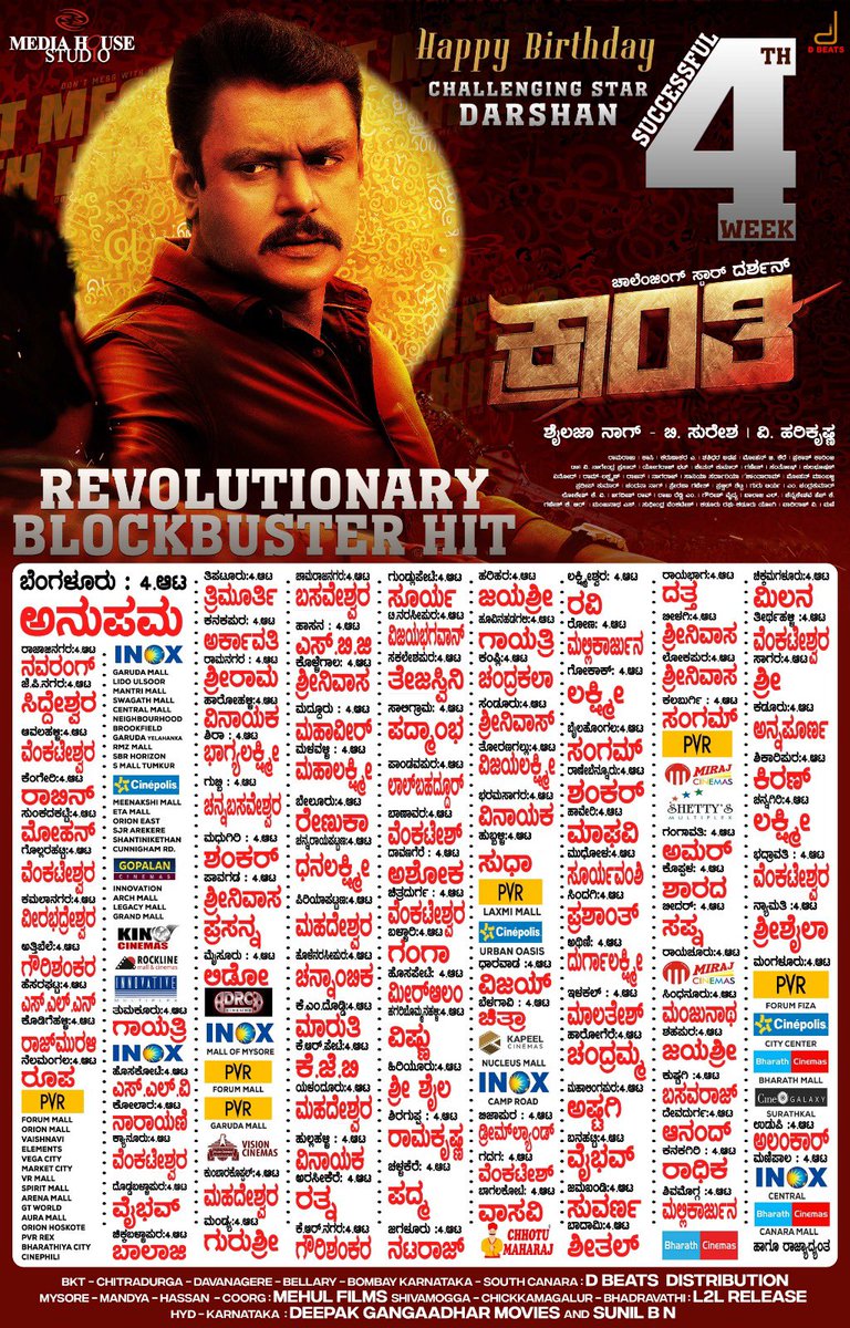 Dbeatsmusik's tweet photo. 4th week of #Kranti begins successfully!
Watch it in your nearest theatres now
#ChallengingStarDarshan #DBoss #krantirevolution https://t.co/xoiikMvl69