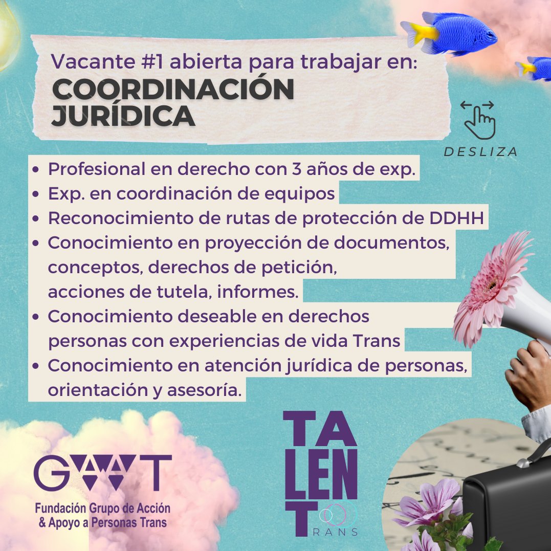 FundacionGAAT's tweet photo. 💜TALENTO TRANS💜
👉Trabaja con nosotres 💜 vacantes en:
💼Coordinación Jurídica
📊Apoyo Jurídico
Llena el formulario de TALENTO TRANS: https://t.co/yuL8XJE1Pt
#TalentoTrans #trabajosihay #trabajosihaybogota #ContrataTrans #ContrataTalentoTrans #TrabajosihayColombia #Trans https://t.co/l5YAur49ps