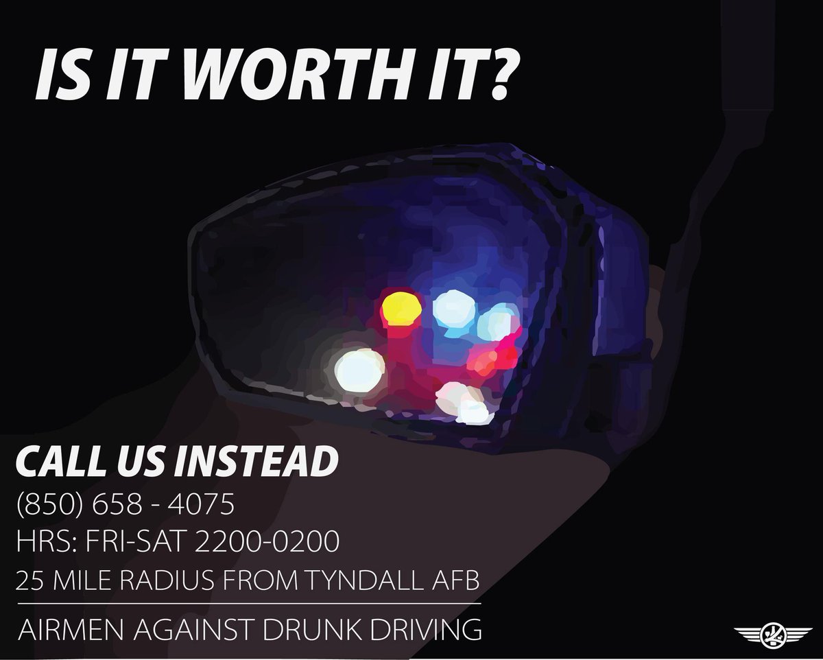 #TeamTyndall please be responsible this weekend. #DontDrinkAndDrive. 🚫🍺🚗 if you need a ride, call Airmen Against Drunk Driving! 

The Airman Against Drunk Driving program’s goal is to ensure zero DUI related incidents. This program is for all Tyndall Airmen and families.