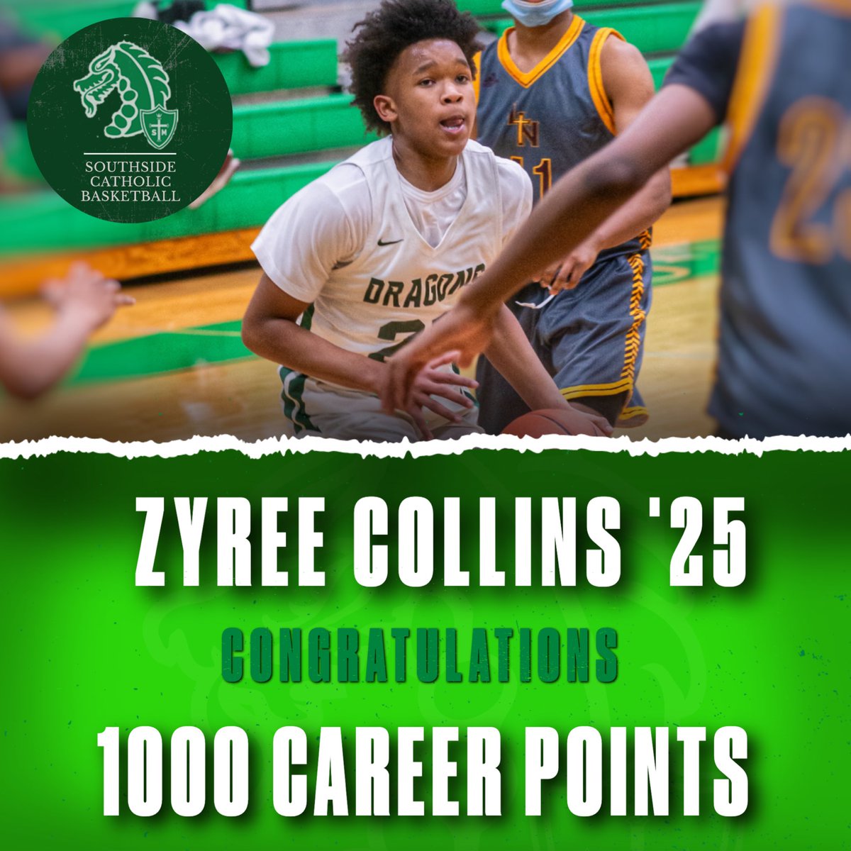 SSCHoops's tweet photo. Congratulations to amazing sophomore Zyree Collins ‘25 for scoring an incredible 1000 points in his career at St. Mary’s tonight! Continue to work hard!! #Southside #1000Points #Dragons @zyree314 @STLhssports @earlaustinjr 
🟢⚪️ https://t.co/GtEmUbgpgJ