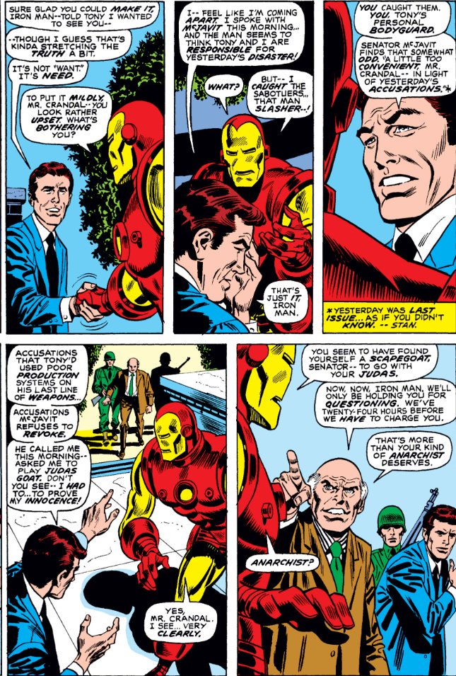 MarvelADay's tweet photo. #MarvelADay #IM42
Tony's friend and fellow captain of industry, Ben Crandal, tricked Iron Man into showing up to be taken in by Senator McJavit and some soldiers.  In other news, I guess senators can issue arrest warrants now? 
JH https://t.co/fBul61jIKM