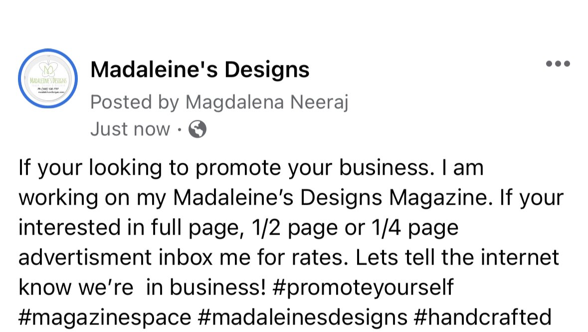 Madaleines's tweet photo. #promote #magazinespace #handcraft #madaleinesdesigns #SmallBizBigImpact #shoplocal https://t.co/9PDyCN4dMb