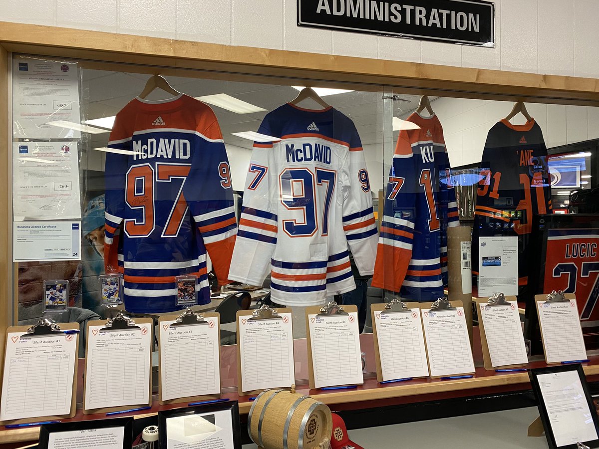 Come bid on some signed Oilers Jerseys and cards at the Ben Stelter Memorial Tournament at the Kinsmen Twin Arenas this weekend!! Lots of other silent auction items up for grabs!! Signed. McDavid. Jerseys!!! 👀💙🧡<a href="/StelterMemorial/">Ben Stelter Memorial Tournament</a> <a href="/BenStelterFund/">Ben Stelter Foundation</a> #Oilers #YEG