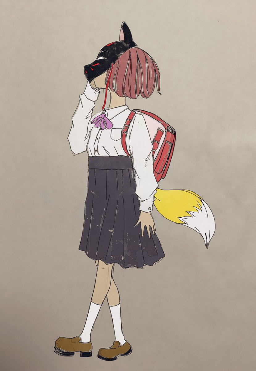1girl backpack skirt solo shirt white shirt fox mask  illustration images