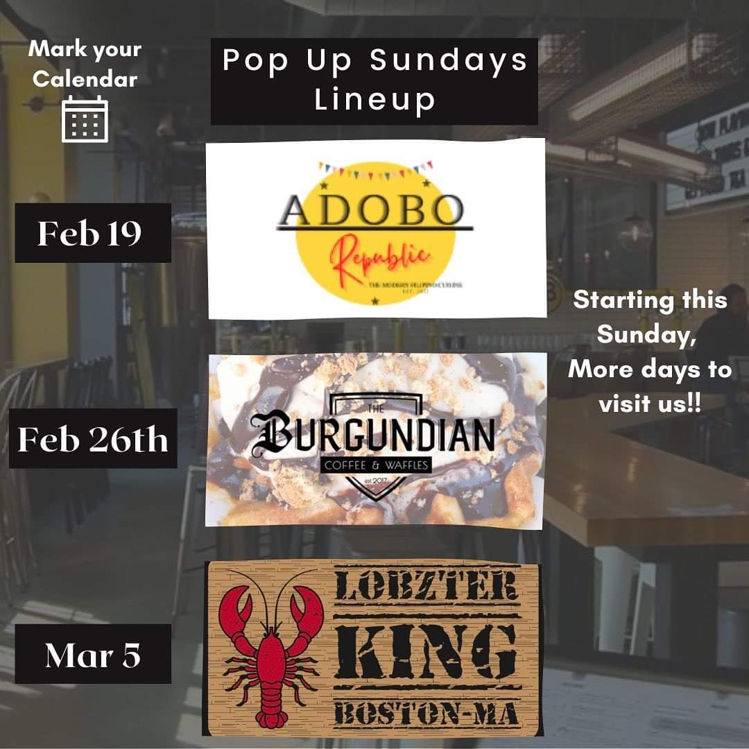 BrocktonBeer's tweet photo. Our popup Sundays continue with our friends #AdoboRepublic #weareburgundian &amp; #lobzterking over the next three weekends from 12pm-5pm. Come join! 🍻😋🥰
#craftedforcommunity #foodie #popup #southshorepopup #brockton #craftbeer #brewpub https://t.co/Vo4gqbIwse