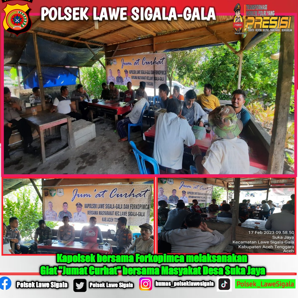 MPuhenri's tweet photo. Guna mendengar langsung apa yg menjadi keluhan Masy Kapolsek bersama Forkopimca laksanakan "Jumat Curhat" di Desa Suka Jaya Kec. Lawe Sigala-gala Agara (Jumat, 17 Feb 2023) 

@Polripresisi
@polda_aceh
@HumasPoldaAceh

#polripresisi
#sinergitastnipolri
#polresacehtenggara https://t.co/NI8ffUFg2Z