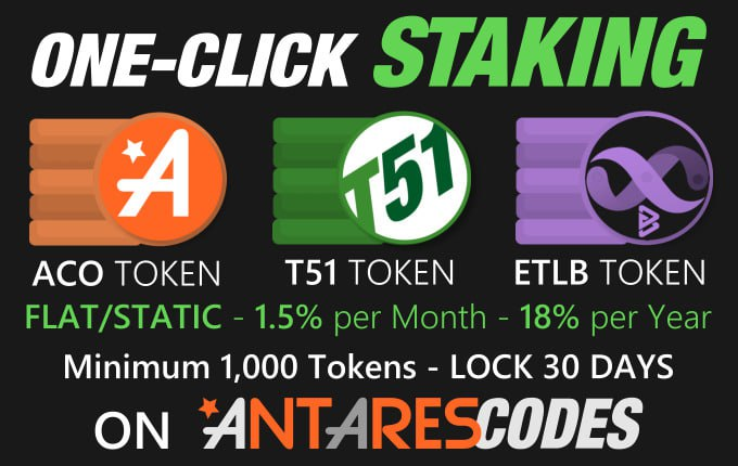 CryptoSammyjo's tweet photo. Staking is underway on the Antares Codes Platform for ACO, T51 and ETLB. The minimum staking amount (for each token) is 1,000 Tokens (lock 30 days) for a monthly yield of 1.5% and yearly of 18%
https://t.co/AJQEFX50hV

Need to buy tokens, visit: https://t.co/LeFPhNSJaY https://t.co/KWN8xYqMIe