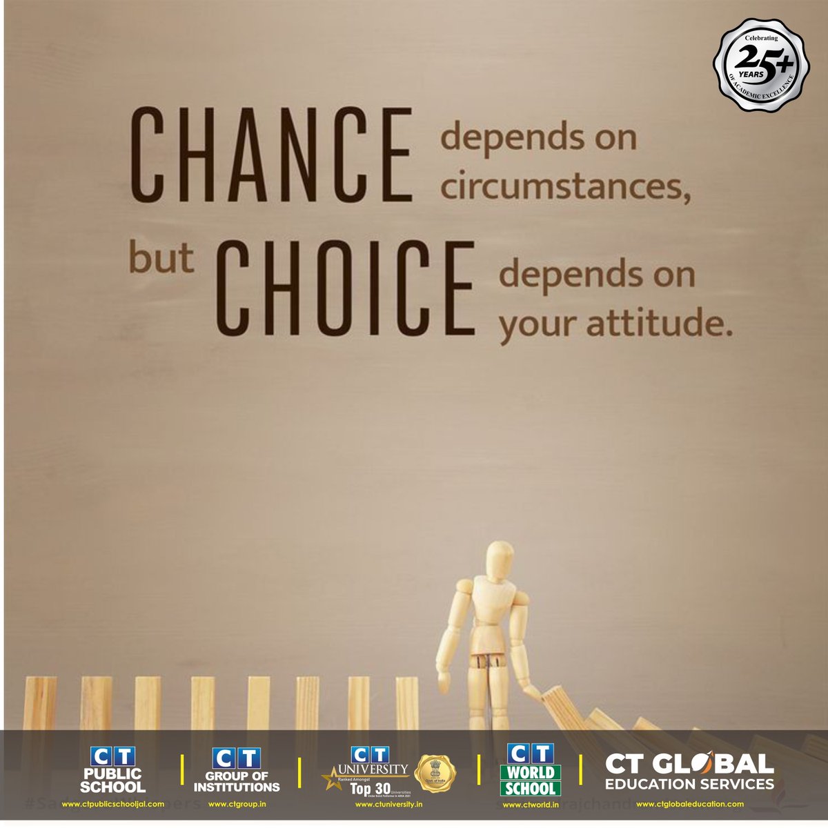 Chance depends on circumstances but the choice depends on your attitude.

#ctgroup #bestcollege #southcampus #morningpost #punjab #ctiemt #ctihs #ctihm #ctips #ctip #mkcollege #CTU #admissionsopen #teamCT #celebrating25years #since1997 #silverjubilee #25yearsoflegacy #CTians