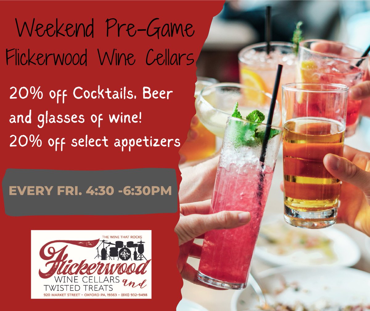 Weekend Pre - Game at Flickerwood tomorrow, Friday, late afternoon from 4:30 - 6:30pm.

20% off Cocktails, Beer,  &amp; Glasses of Wine
20% Buffalo Chicken Wing Dip &amp; Veggie Egg rolls

Every Friday different Appetizers will be on sale.