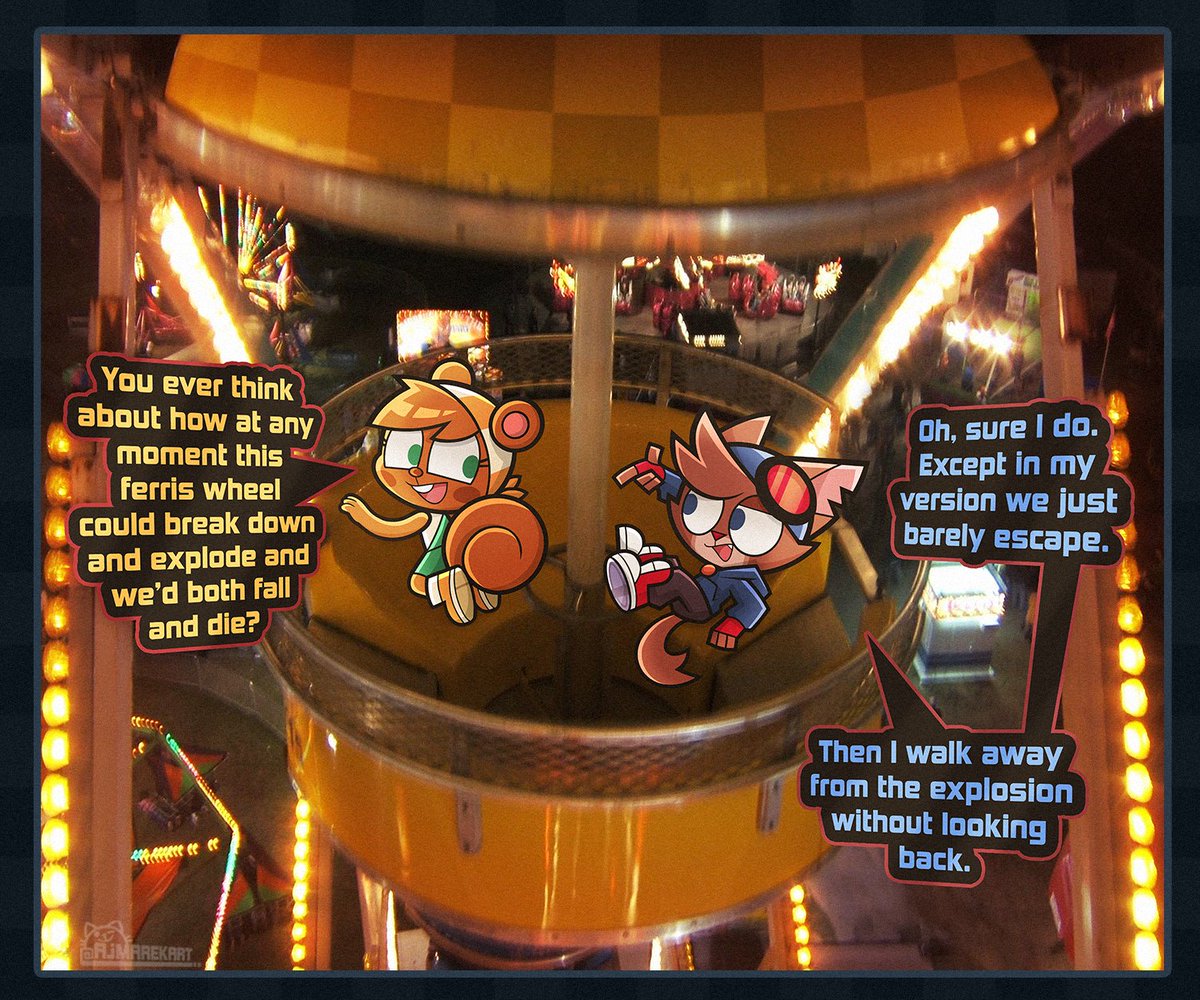 ajmarekart's tweet photo. Murphy &amp; Mitzi go to the local carnival, riding all the death-defying, thrilling rides...and the ferris wheel.
--
At least it provides a way for them to have thought-provoking, existential, and intelligent conversations. https://t.co/9ICGJv5XXV